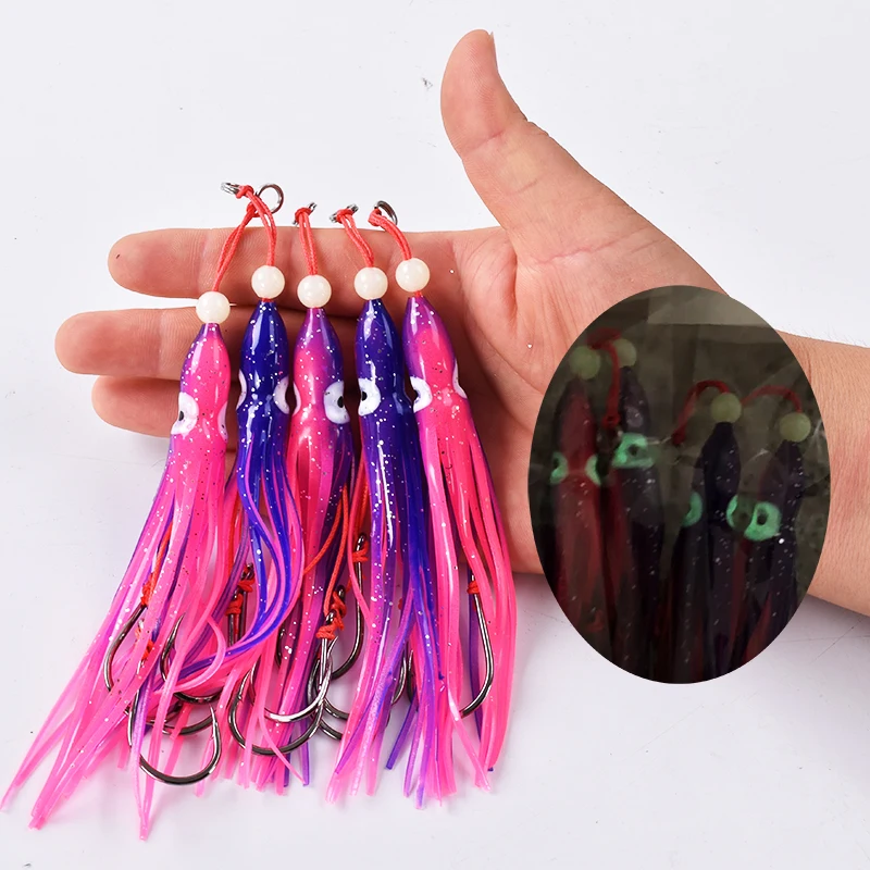 6 Stück/Packung Angelköder weicher Tintenfisch 12 cm 5,5 g Silikongel Rock Tentakel 15 # Doppelunterstützung Haken Köder Haken Rig Fischgerät Salzwasser – Detail 5