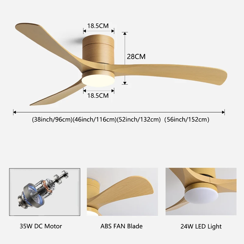 38/46/52/56 Inch Ceiling Fan with Light Super-Silent Ideal for Bedroom Dining Living Room & Office with remote