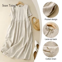 Women Cotton Linen Midi Dresses Summer Chic Female Vestidos Loose Soild A-Line Boho Dress Short Puffy Sleeve Casual Sundress New - Image 2
