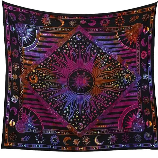 Hippie Mandala sun and moon man-made poster tapestry wall hanging-India gold burning sun star psychedelic pop mysterious beach tapestry decorations