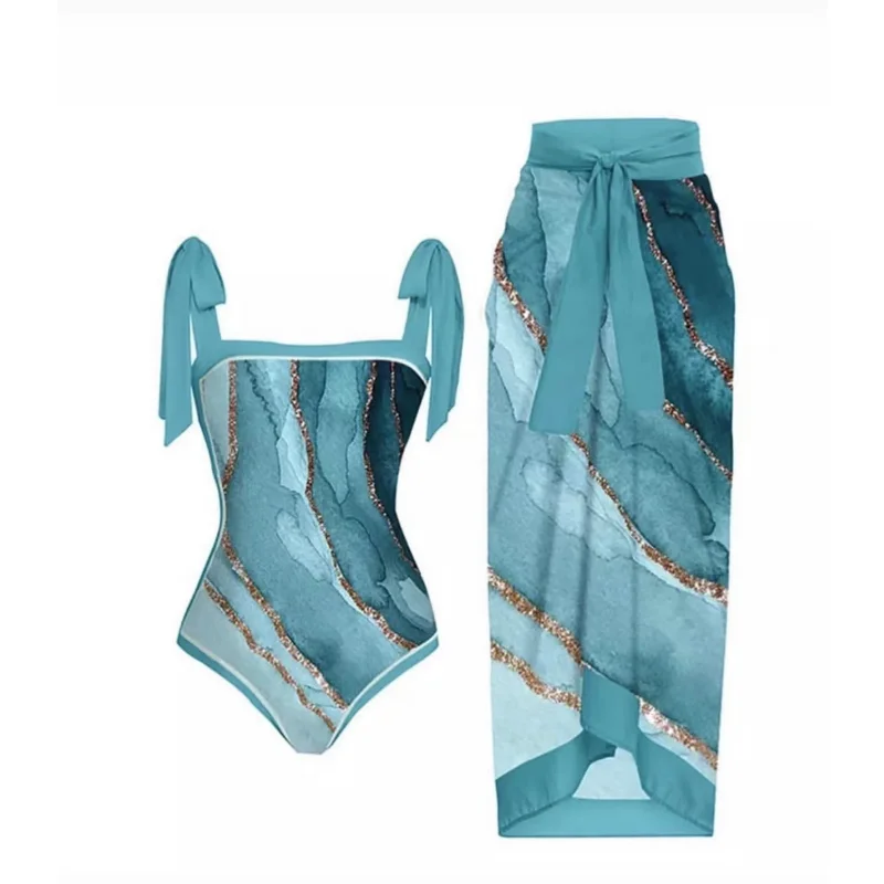 Women One Piece Swimwear Printed Chiffon Cover Up Beach Sarong Swimsuit Wrap Maxi Skirt Bathing Suit Beachwear Swimsuit Monokini