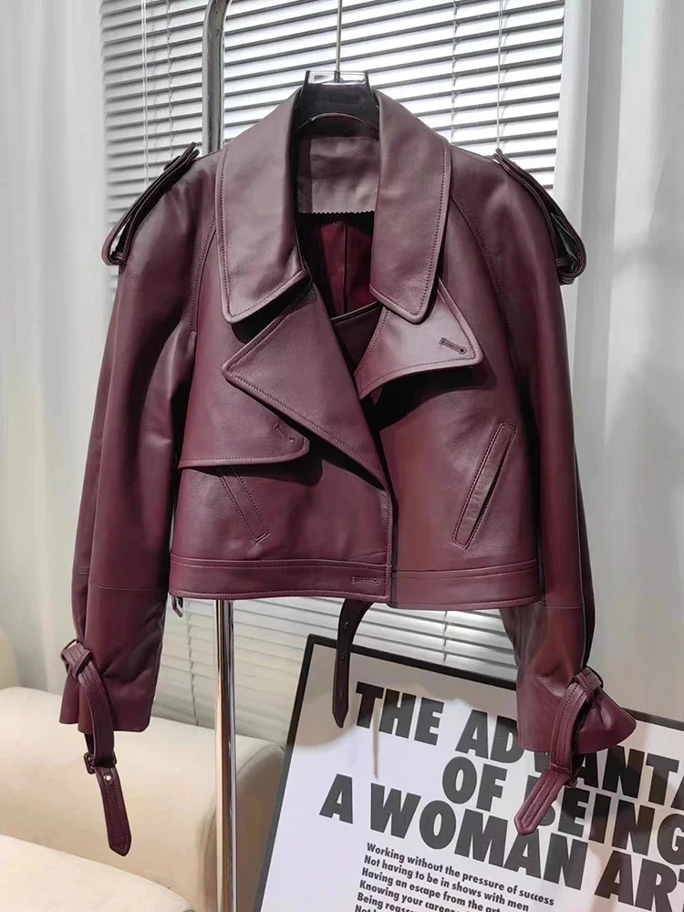 thumbnail image 1 of Chaqueta de cuero genuino recortada para mujer, tendencia primavera otoño 2024, abrigo de piel de oveja auténtica para motocicleta de alta gama, 1 of 5