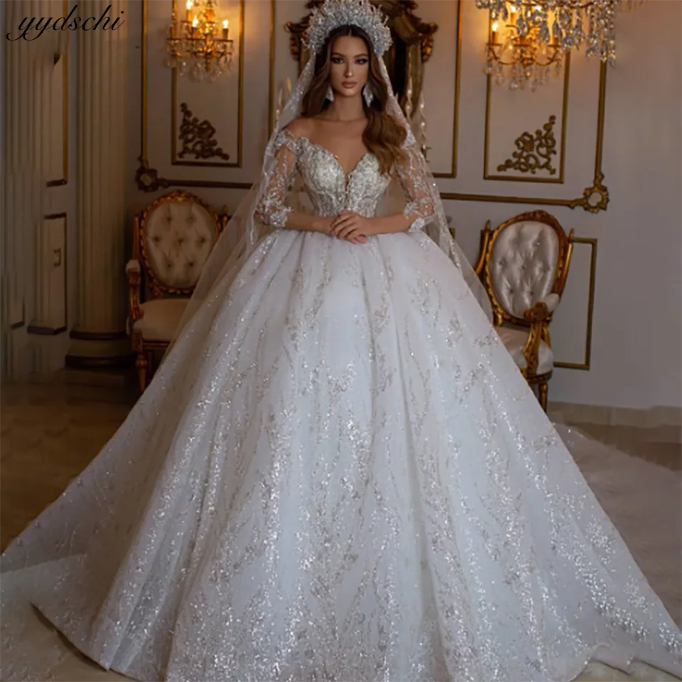 

Luxurious Sparkly Beaded Sequin 3D Flowers Sweetheart Ball Gown Wedding Dresses 2024 Illusion Court Train Bridal Gowns For Women