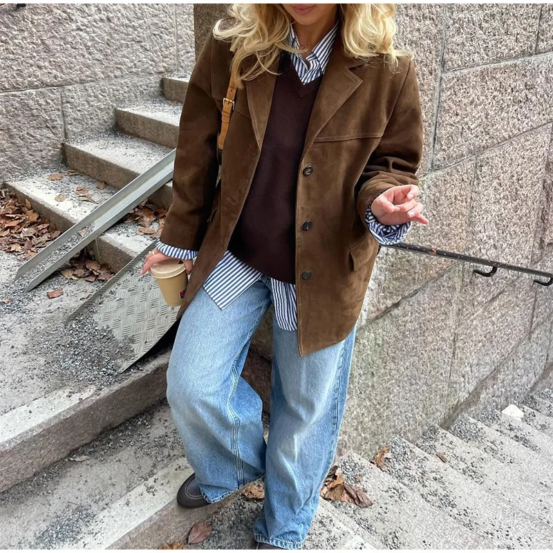 Vintage Fashion Pocket Jackets For Women Winter High Street Lapel Elegant Solid Commute Winter Outwear Ladies Coat