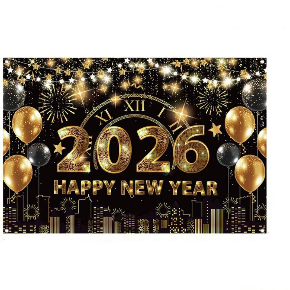 Shiny 2026 New Year Backdrop Banner Colorful Balloon Letter Photography Background Champagne Night Glittering