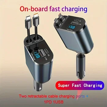 120/66w 4 IN 1 Retractable Car Charger Mobile Phone USB PD Type C Cable For iPhone Fast Charge Cord Cigarette Lighter QC Adapter 1