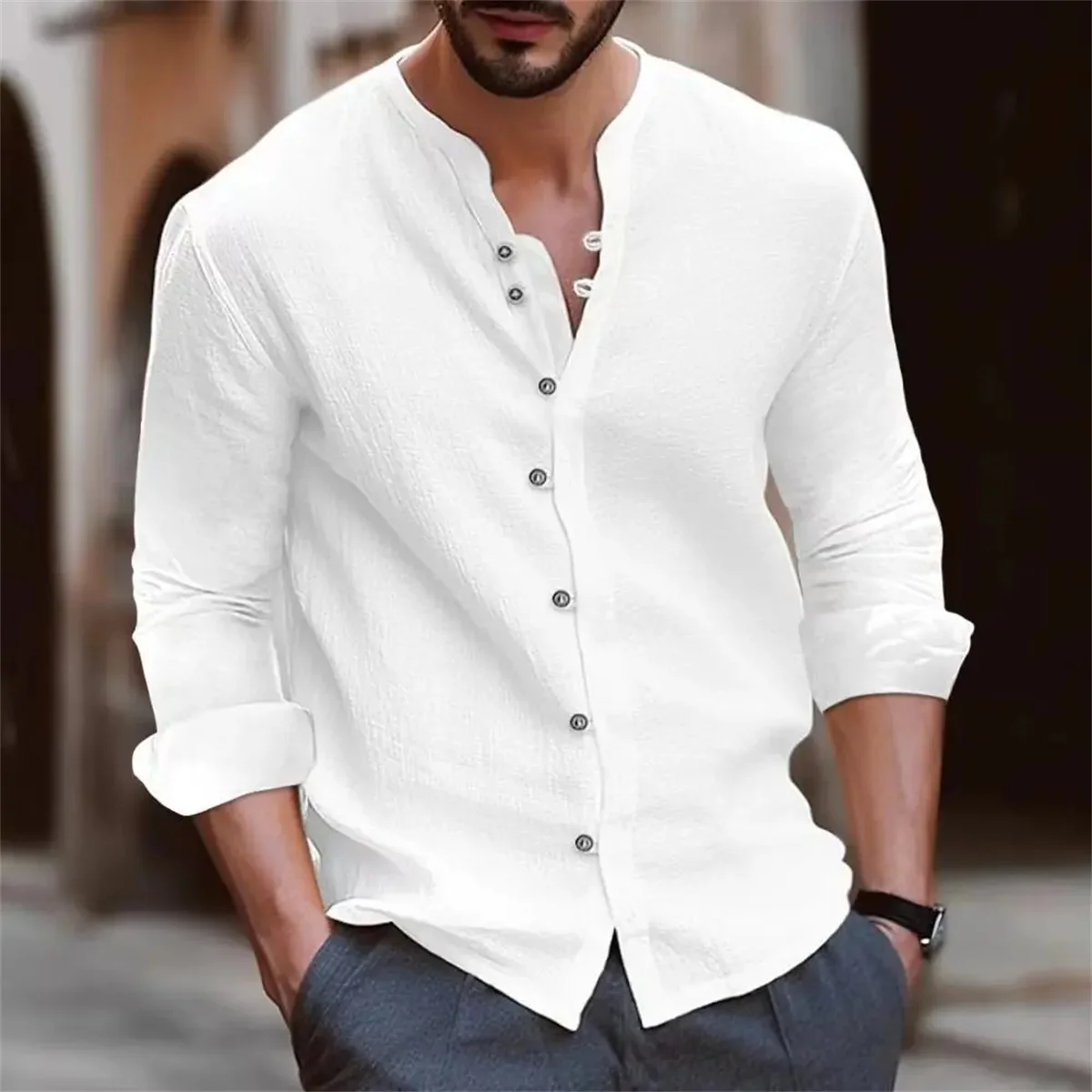 Spring and autumn men's new cotton and linen solid color cardigan retro trend long-sleeved shirt