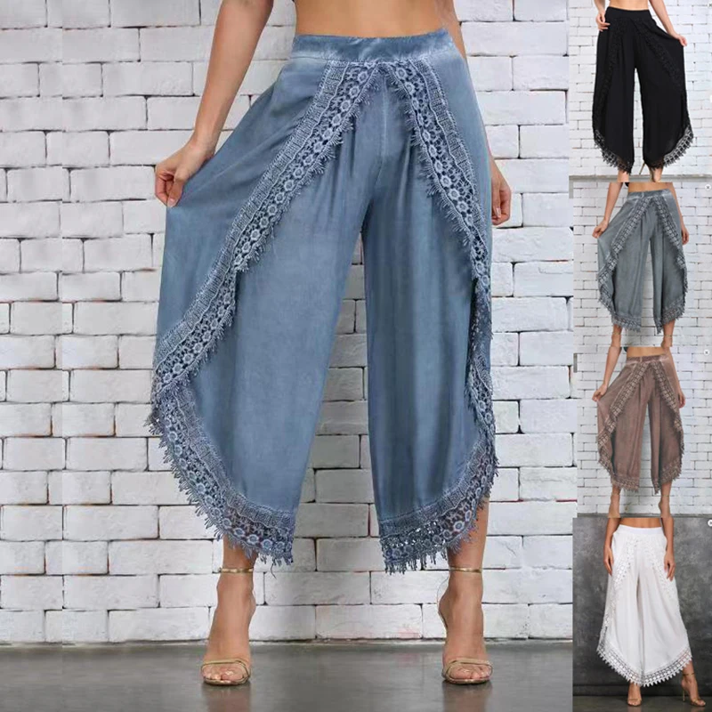 Women Lace Edge Beach Pants Fashion Casual Loose Ninth Length Harem Wide Leg Pants Baggy Bohemian Beach Vacation Trousers S-3XL