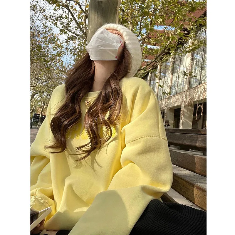 

023 New Arrival Autumn Korean Style Women Loose Casual Cotton Letter Print Pullovers All-matched O-neck Long Sleeve Hoodies D319