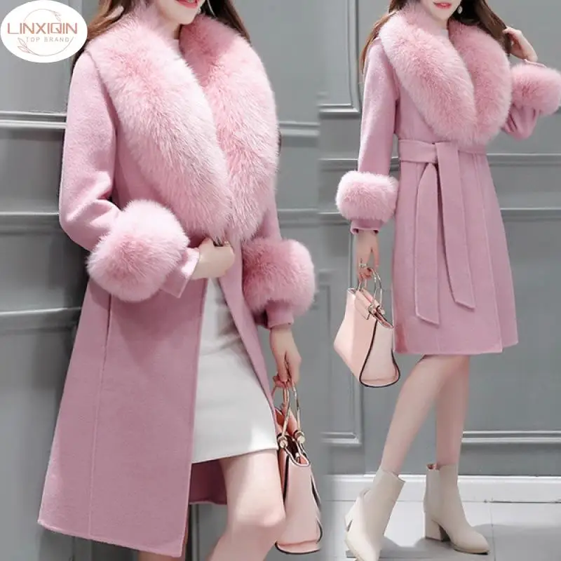 

LINXIQIN X-Long Natural Sheep Real Fur Coat Autumn Winter Jacket Women Double Breasted Belt Wool Blends Overcoat Streetwear