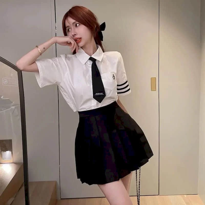 JK 유니폼 일본 한국 스타일 정장 드레스 여성, 프레피 스타일 화이트 반팔 셔츠, 하이웨이스트 플리츠 스커트 세트, 여름