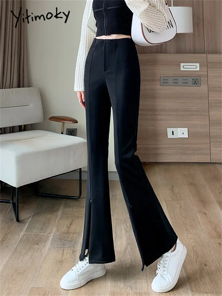 Yitimoky Suits Pants Women 2023 New High Waisted Korean Fashion Split Flare  Pants Office Ladies Chic Full Length Black Y2k Pants - AliExpress