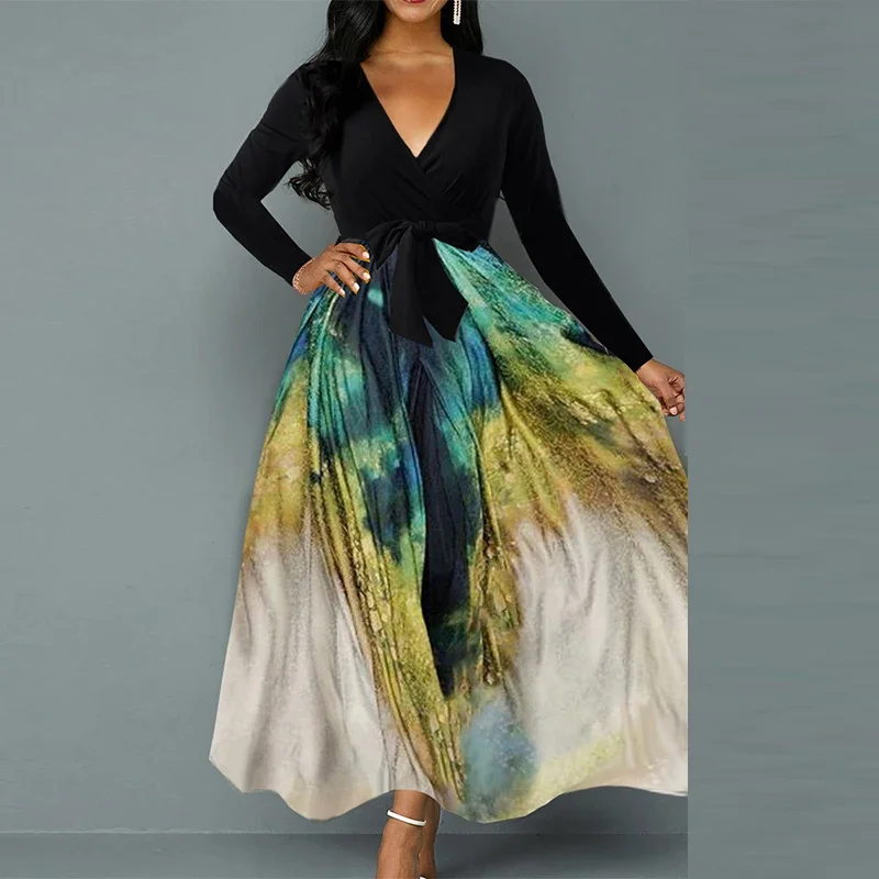 

Женское длинное офисное платье с V-образным вырезом и бантом