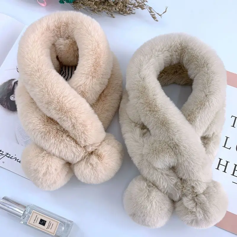 

Scarf Female Autumn and Winter New Fur Rabbit Fur Plush Thick Warm Scarf Solid Color Fur Ball Cross Student Children