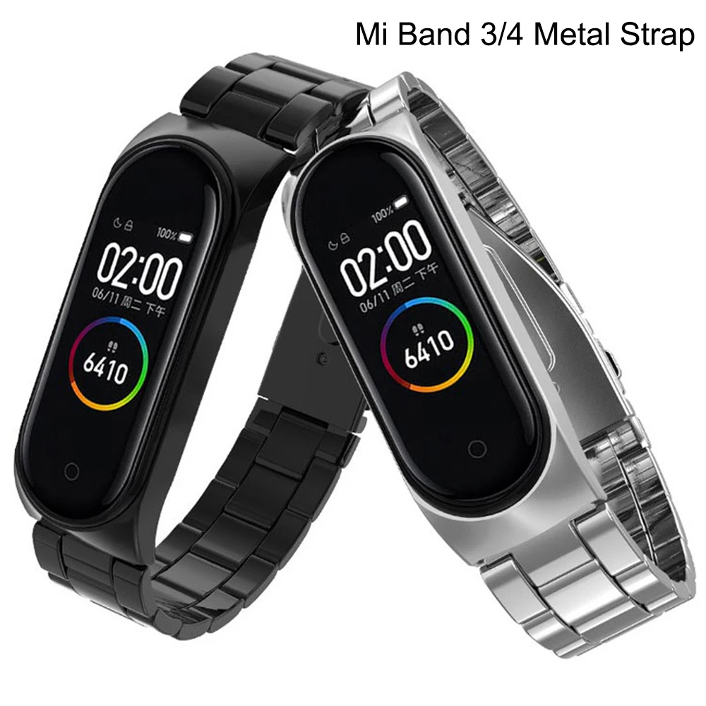 

Ремешок из нержавеющей стали для Mi Band 3 4, сменный металлический браслет с тремя бусинами для мужских и женских наручных часов
