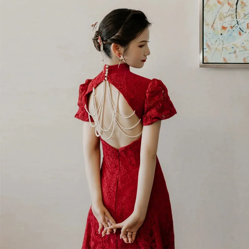 

Cheongsam Toast Dress Bride 2022 New Engagement Wedding Dress Female Wine-Red Chinese Lace Temperament Summer