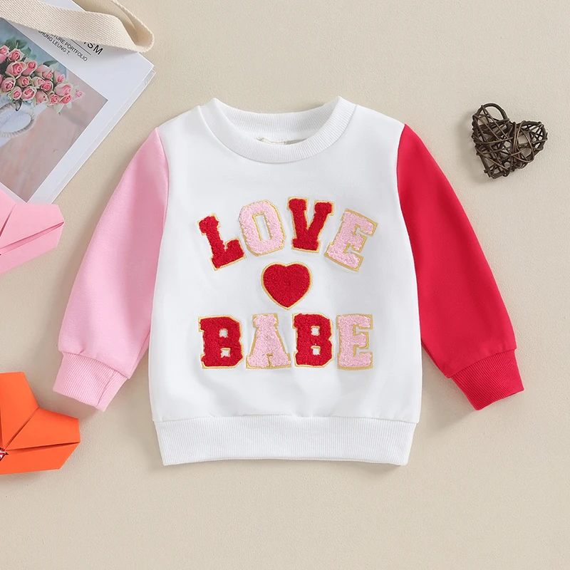 

0-3Y Toddler Girls Spring Sweatshirts Long Sleeve Crew Neck Letter Embroidery Loose Fit Pullover Tops Valentine's Day Clothes