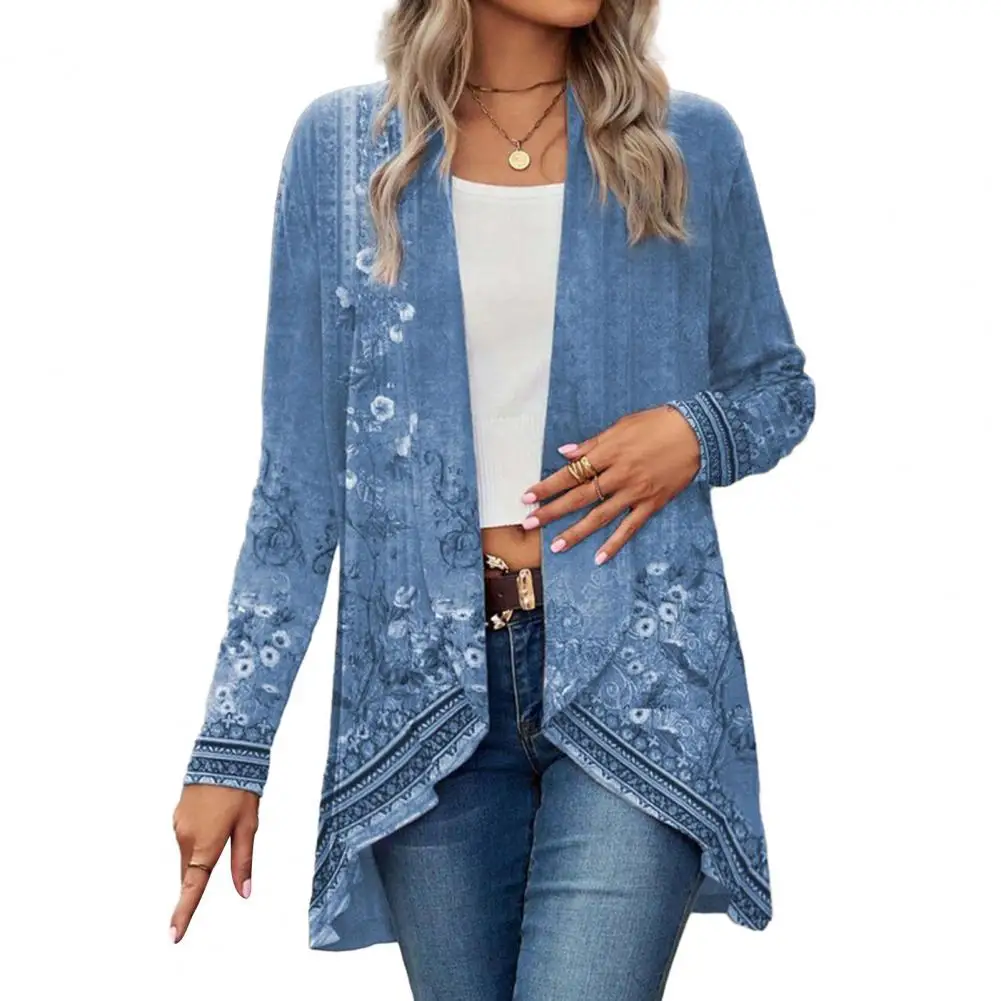 

Ethnic Style Women Autumn Jacket Vinage Flower Print Open Stitch Irregular Hem Cardigan Loose Coat Mid Length Jacket Shawl