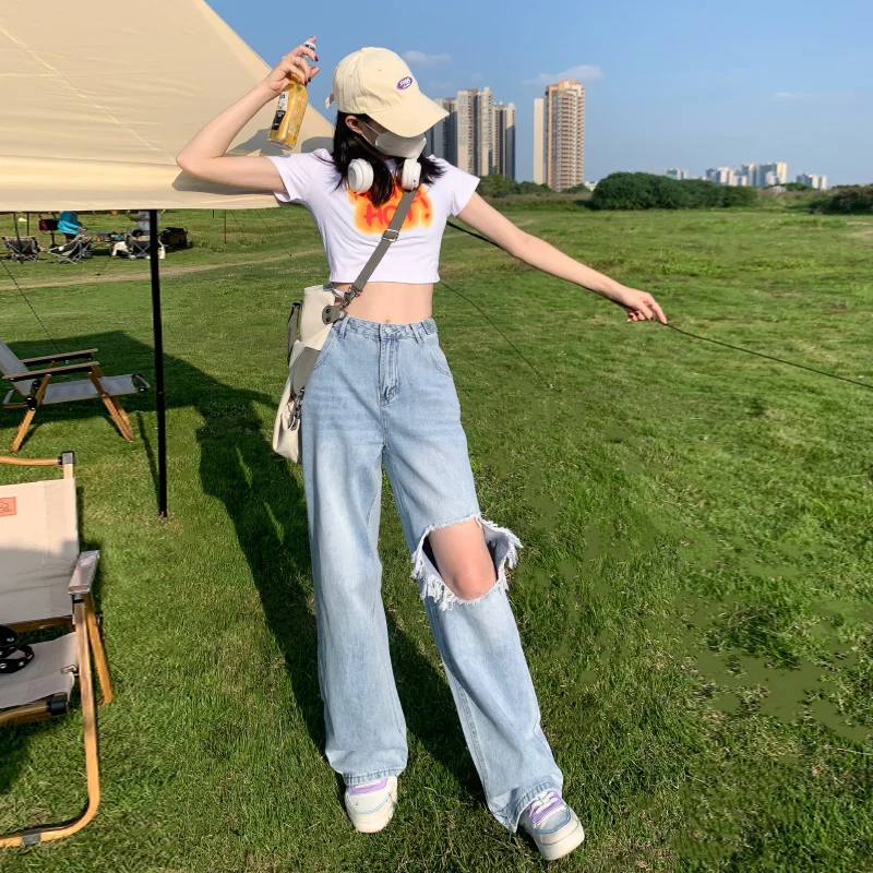 

Gaodinglan High Waist Ripped Hollow Denim Jeans Women Adjustable Waist Wide Leg Trousers Female Solid Color Korean Baggy Pants