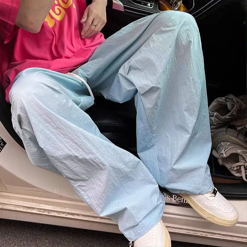 Summer Solid Color Fashion Elastic Waist Wide Leg Trousers Man Drawstring Loose Casual Pockets Patchwork Thin Personality Pants