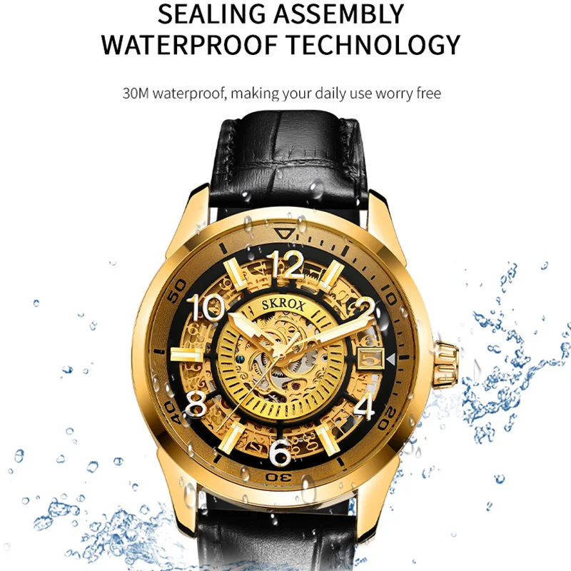 SKROX High Quality Luxury Skeleton Automatic Movement Elegant Men's Watch Mechanical Sapphire Glass Male Wrist Watches Leather 3
