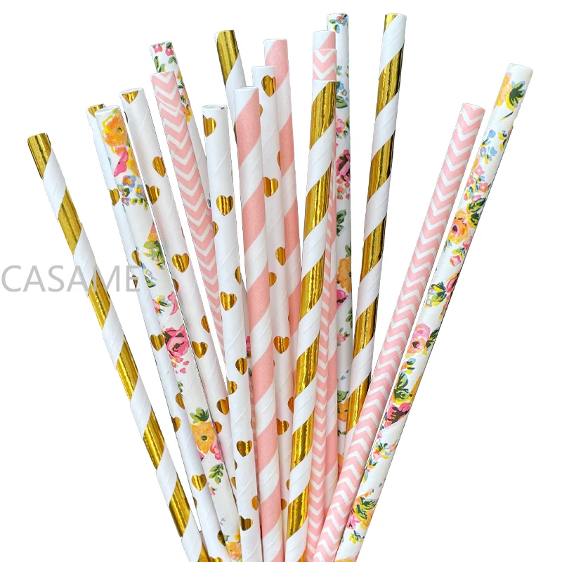 

Drinking Paper Straws Mixed Color Flower Floral Pink Gold Garden Shape Wedding Party Gift Girl Style Drinks Fruit Juice Beer