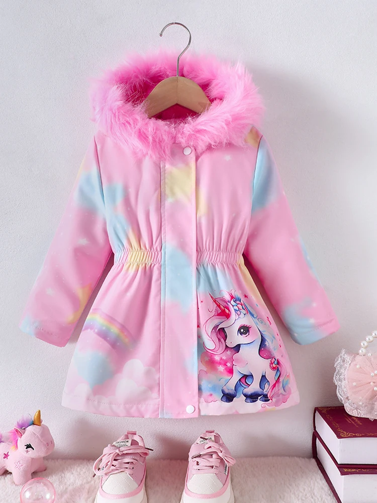 Children's Coat Girls Long Outerwear Winter Autumn Cotton Clothes Girls Pink Unicorn padded Coats Big Thicken Warm Child Jacket - 2