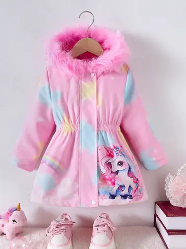 Children's Coat Girls Long Outerwear Winter Autumn Cotton Clothes Girls Pink Unicorn padded Coats Big Thicken Warm Child Jacket - Image 2