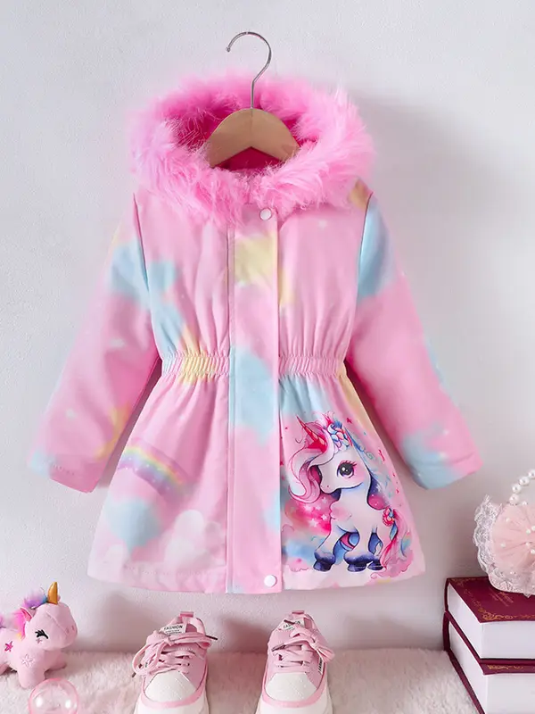 Children's Coat Girls Long Outerwear Winter Autumn Cotton Clothes Girls Pink Unicorn padded Coats Big Thicken Warm Child Jacket - Image 2