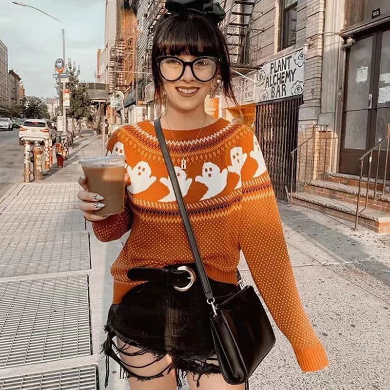 

Skull Print Women Sweater Halloween Long Sleeve Jumper Warm Pullover Autumn Winter Knit Streetwear Tops O-neck Black Red Purple