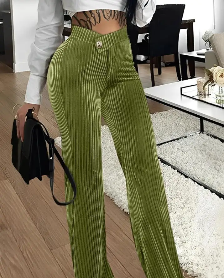 Women's Corduroy Pants 2023 Summer Fashion Overlap Waist Work Trousers Elegant Plain High Waist Daily Long Straight Legs Pants