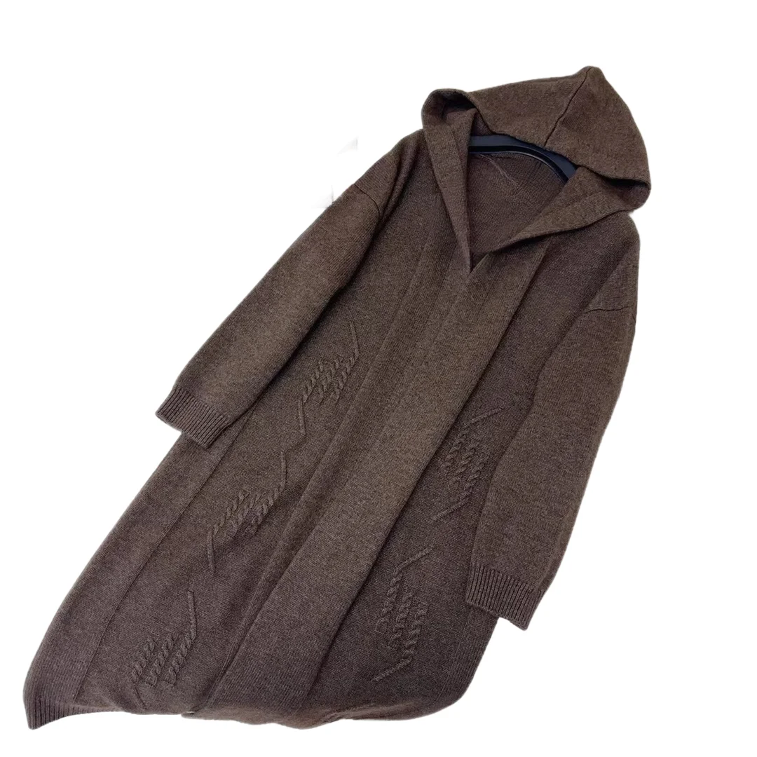 

Wool coat coat lapel hood Long loose version solid color knitting design warm and comfortable Autumn/Winter 2023