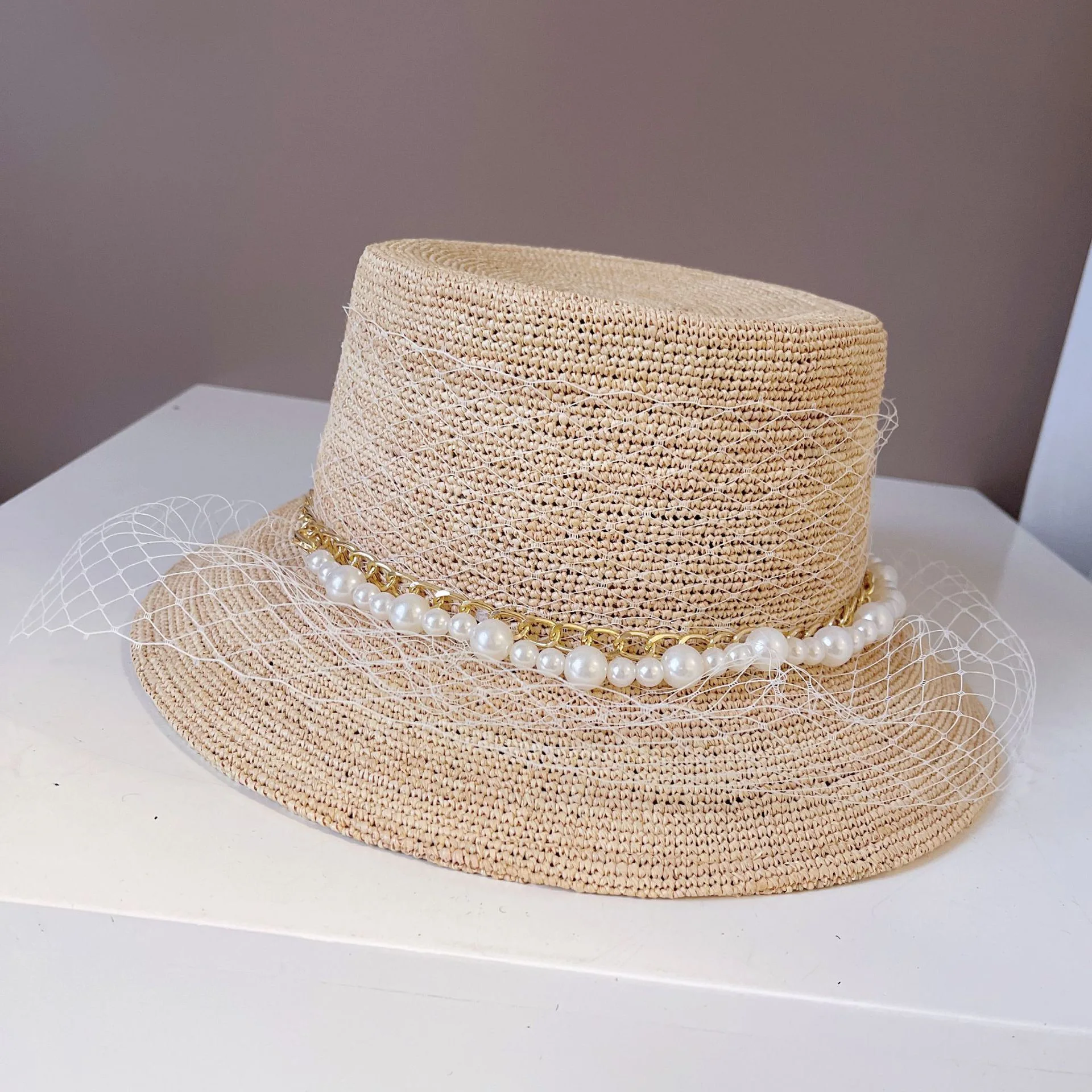 

2024 New Lafite Straw Hat Children's Spring/Summer Sunscreen Bowl Hat Small Fragrant Wind Pearl Chain Sunshade Fisherman Hat