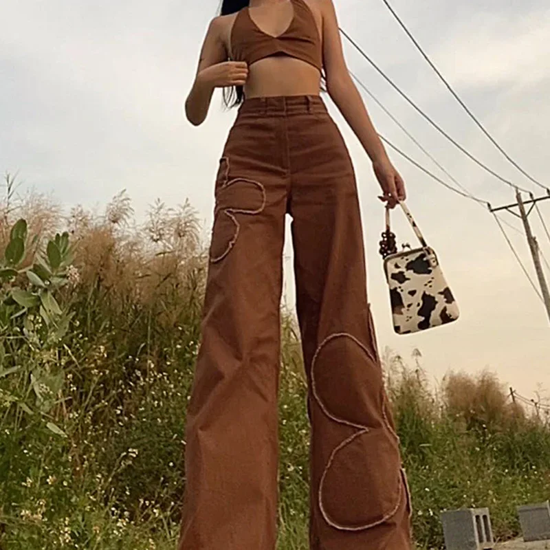 Aesthetic Baggy Jeans Women Brown Vintage 90s Loose Long Pants Flower High Waist Ladies Straight Denim Trousers Streetwear 2021 2021 new spring and autumn fashion ladies jeans ripped holes hollowed out slimming ladies trousers denim straight leg jeans