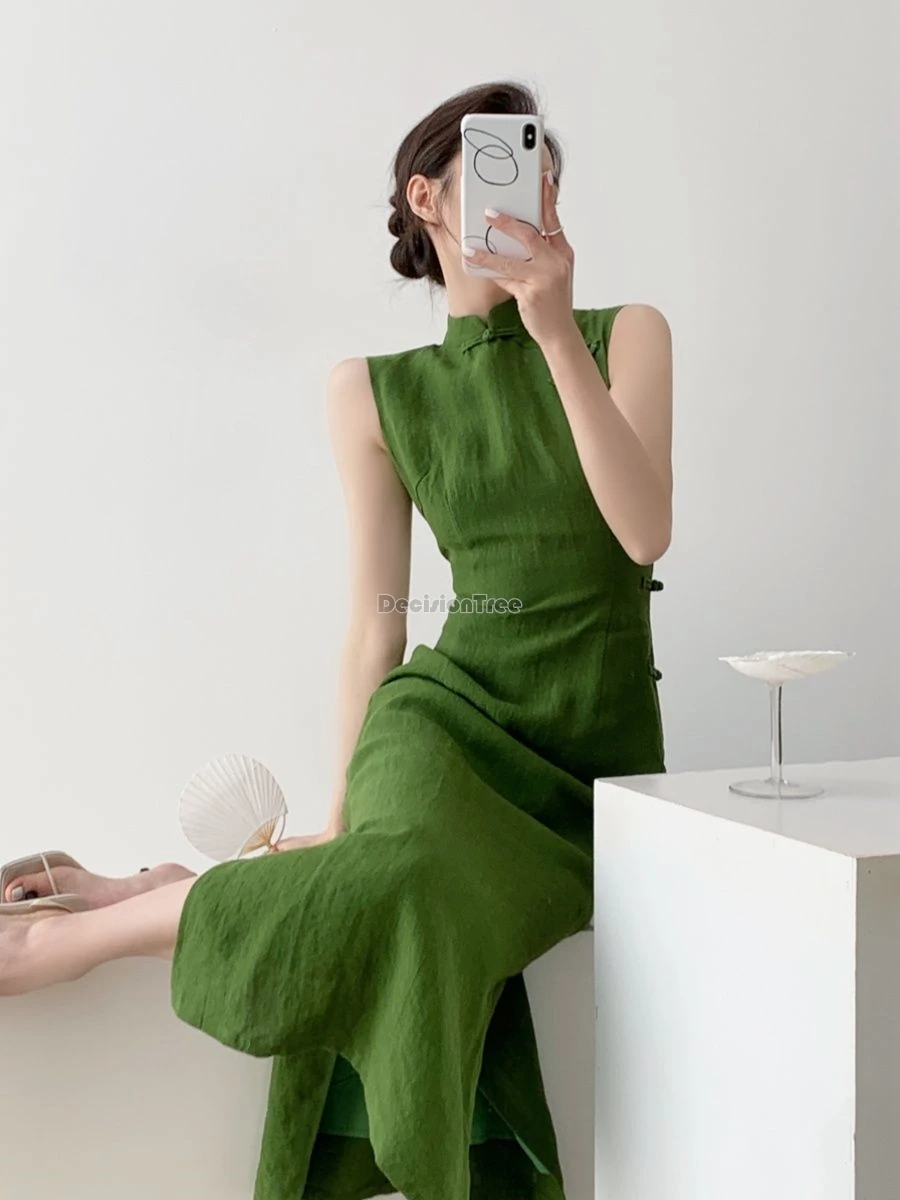Chinese Dress Vintage Qipao Sleeveless Waist Cinching Slit