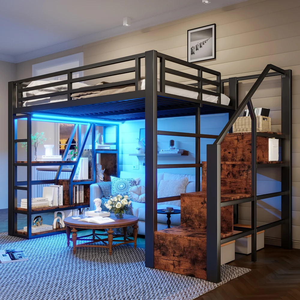 Hochbett mit Eisenrahmen, Stufen, Geländer, Leiter und LED-Beleuchtung, offener Stauraum unter dem Bett, 90 x 200 cm/140 x 200 cm – Detail 25