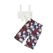 Ensemble d'été en coton pour bébé, haut sans manches, pantalon, gros nœud décoratif, motif floral, taille élastique, Style doux