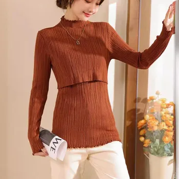 Maternity Fall/Winter Nursing Top Sweater Half Turtleneck Postpartum Woman Breastfeeding Knitted Pullovers Nursing Top