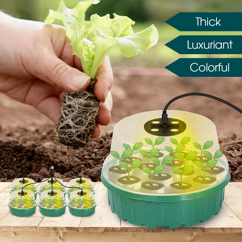 Seed Starter Tray with Full Spectrum LED Grow Warm Light 14-Cell Round Box with Humidity Domes Plant Indoor Nursery Germination