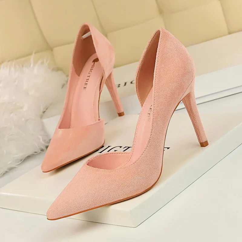 Wonen Pumps Fashion Office Shoes Side space Flock Pointed Toe Thin Heels 9.5CM Female Pumps  Shallow Mouth Women Shoes