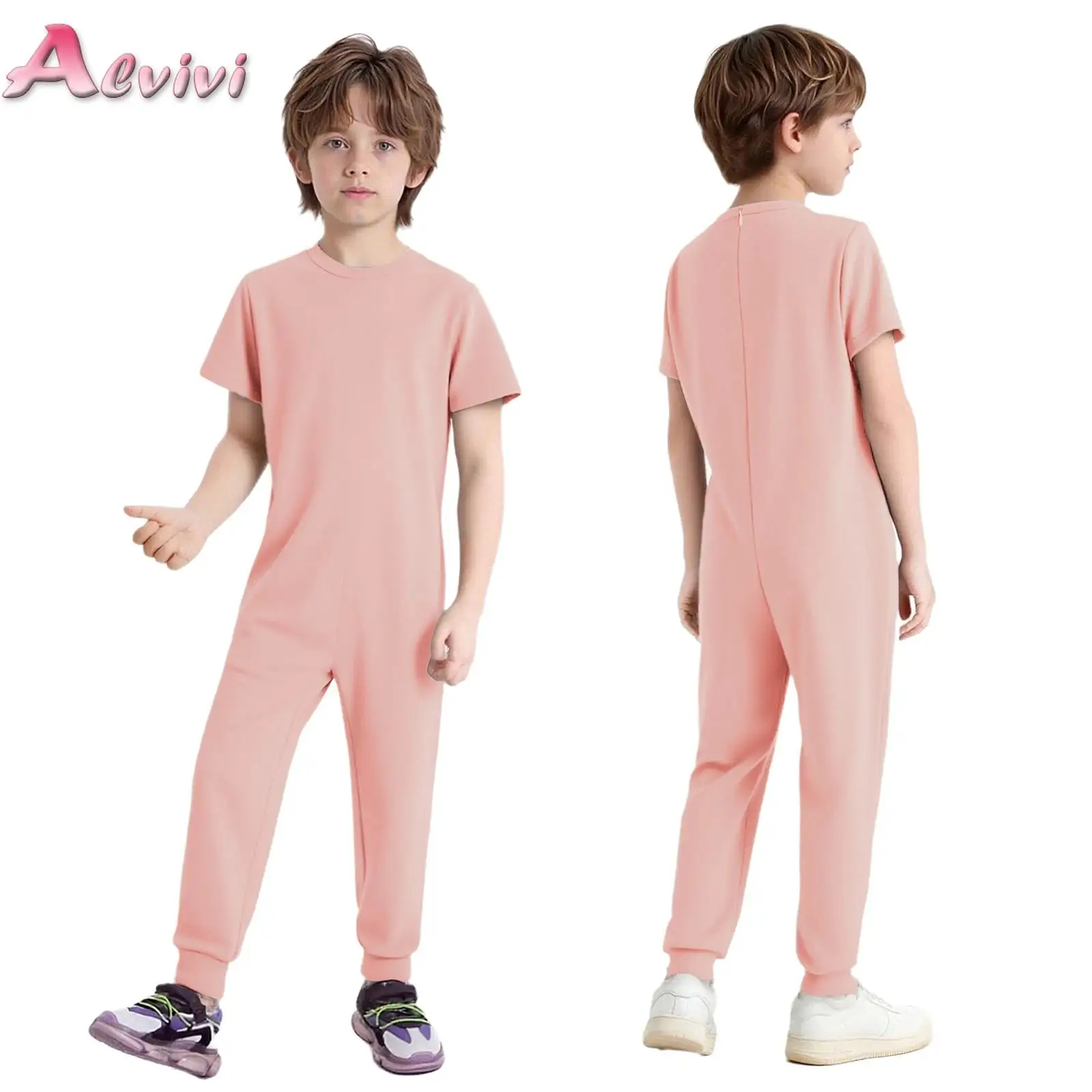 Unisex Kids Boys Girls Special Needs Adaptive Clothing Cotton Short Sleeve Back Invisible Zipper Solid Color Full Body Jumpsuit 1