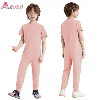 Unisex Kids Boys Girls Special Needs Adaptive Clothing Cotton Short Sleeve Back Invisible Zipper Solid Color Full Body Jumpsuit 1