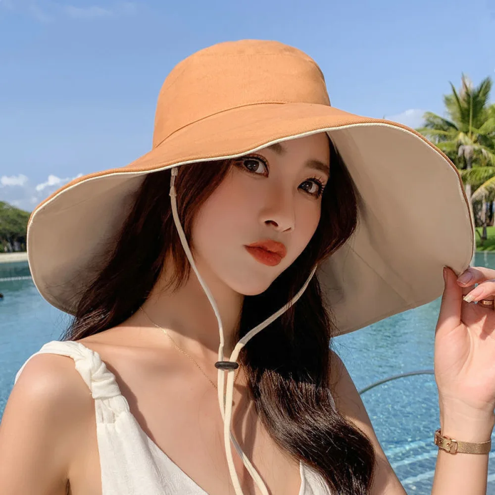 Wide Brim UPF 50+ Sun Hat Women Anti-UV Protection Hiking Fisherman Cap Fold Summer Solid Beach Hat Double Sided Sun