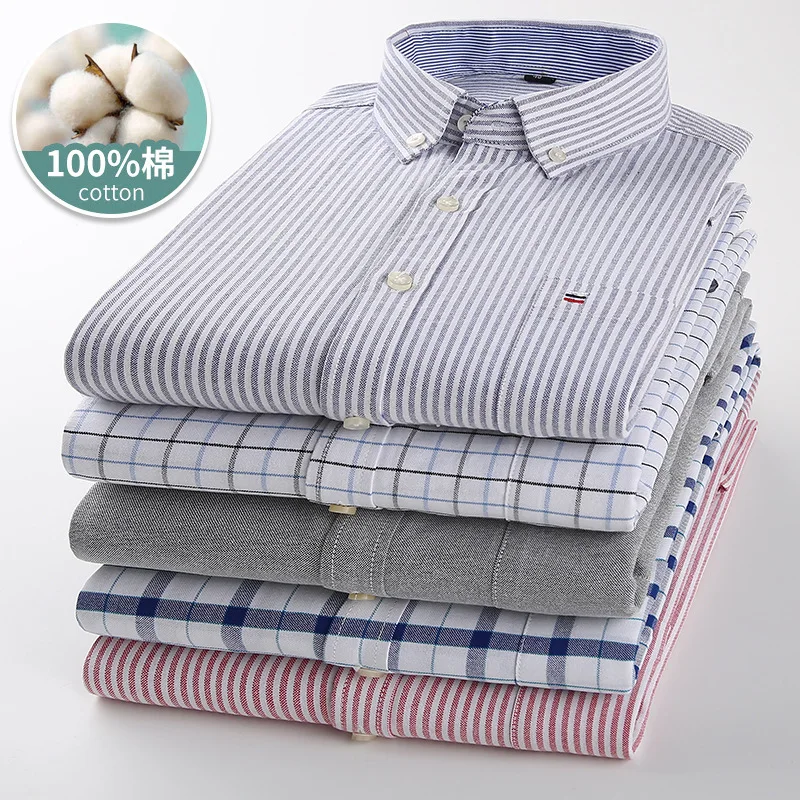 

Men's 100% cotton plaid solid color oxford spun long sleeve shirt, casual business menswear