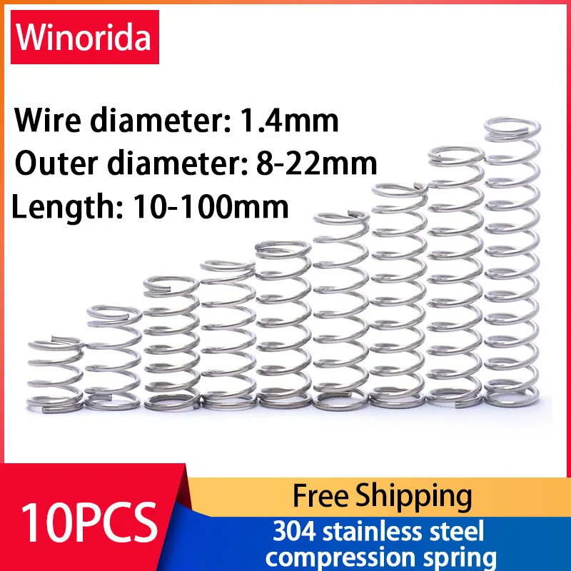 304 Stainless Steel Compression Spring, Return Spring, Steel Wire Diameter 1.4mm Outside Diameter 8~22mm 10 Pcs
