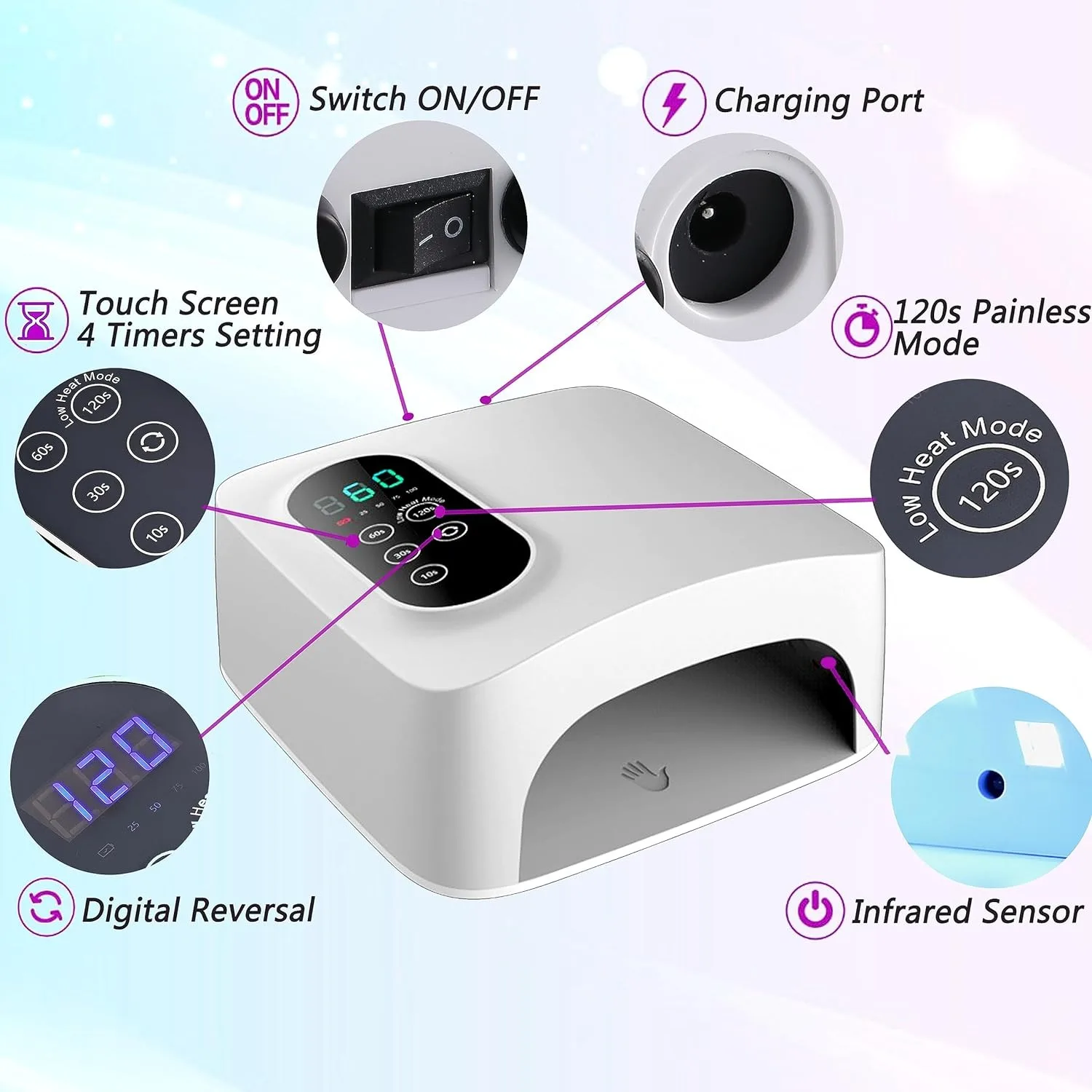 72W UV LED Nail Lamp Rechargeable Nail Dryer with 4 Timer Setting Sensor Professional Nail Art Manicure Tools for Home and Salon 2