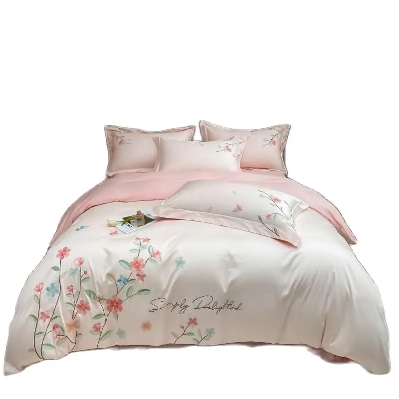 

Pure Cotton Home Textile Bedding Set Luxury 4pcs Floral Embroidered Solid Color Duvet Cover Bed Sheet Pillowcases King Queen