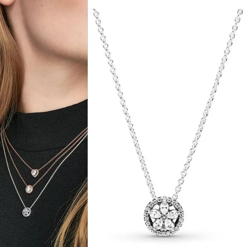 New Women's Necklace Pav é Dense Set Sparkling Zircon Round Necklace% 925 Sterling Silver Fashion DIY Charm Jewelry Gift