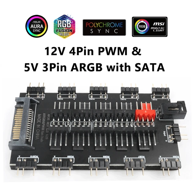 JEYI ARGB PWM 5 Way Fan Hub, Addressable 12V 4Pin PWM & 5V 3Pin ARGB 2-in-1  Hub, RGB Fan, RGB Strip Splitter