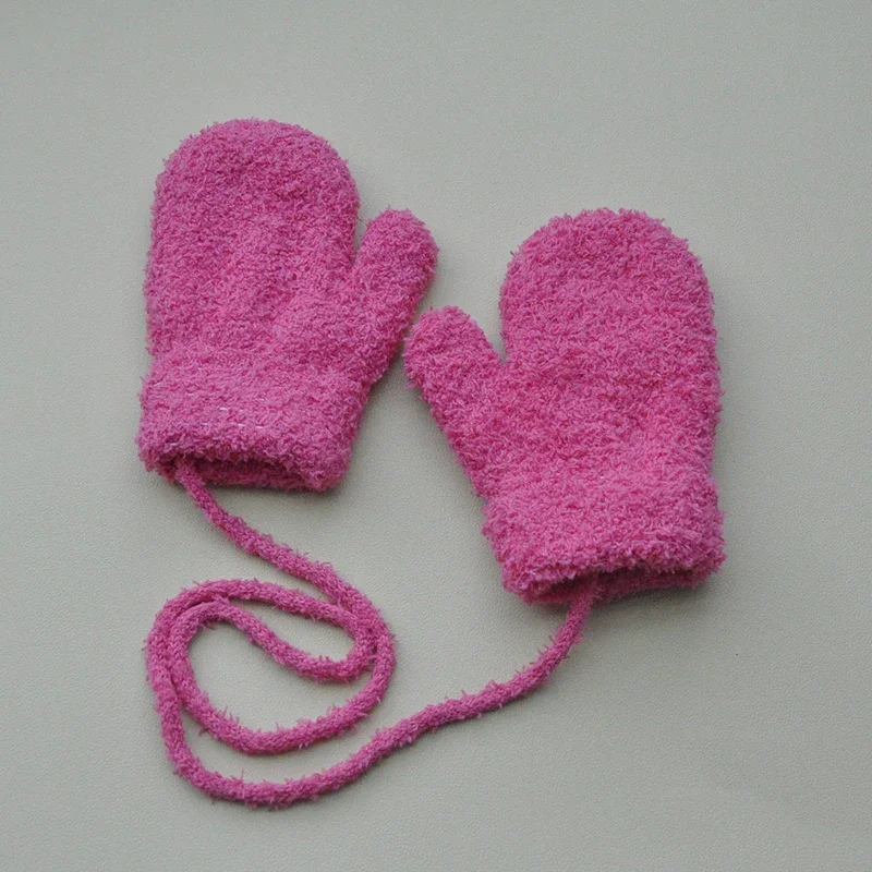 1-3Y Children Winter Thickened Plush with Rope Warm Gloves For Boys Girls New Solid Velvet Mittens Outdoor Cycling Skiing Gloves